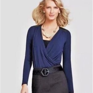 CAbi 953 Midnight In Paris Luxury Faux Wrap Navy Blue Blouse Size Medium